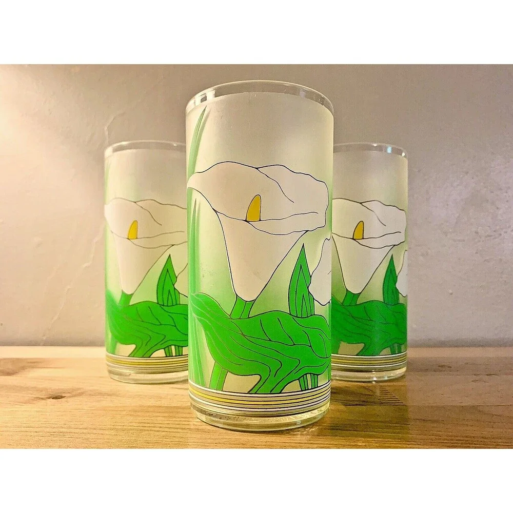 VTG Calla Lily Frosted Tumblers 4 Set 1980s Splash Ware Acrylic Cups 16 oz Retro